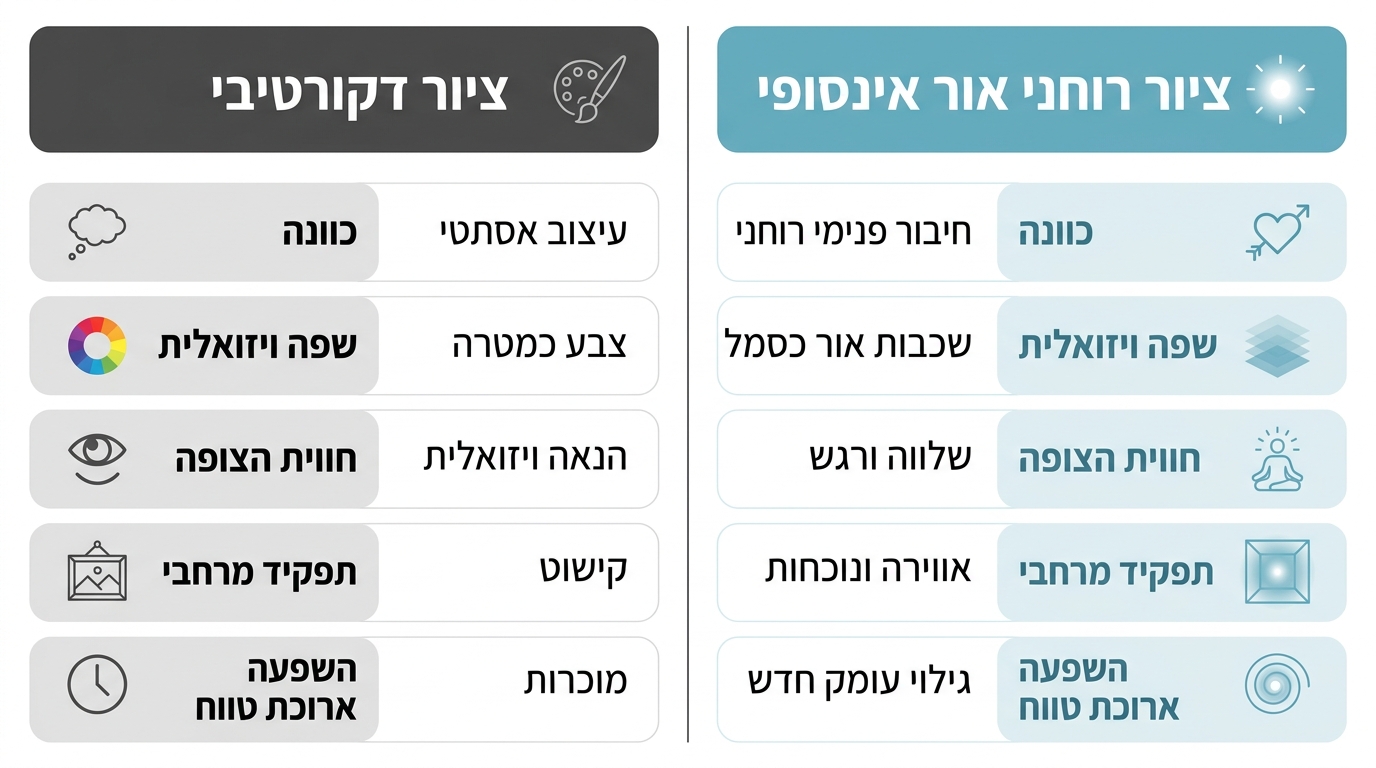 השוואה בין ציור דקורטיבי לציור אור אינסוף – טבלת הבדלים