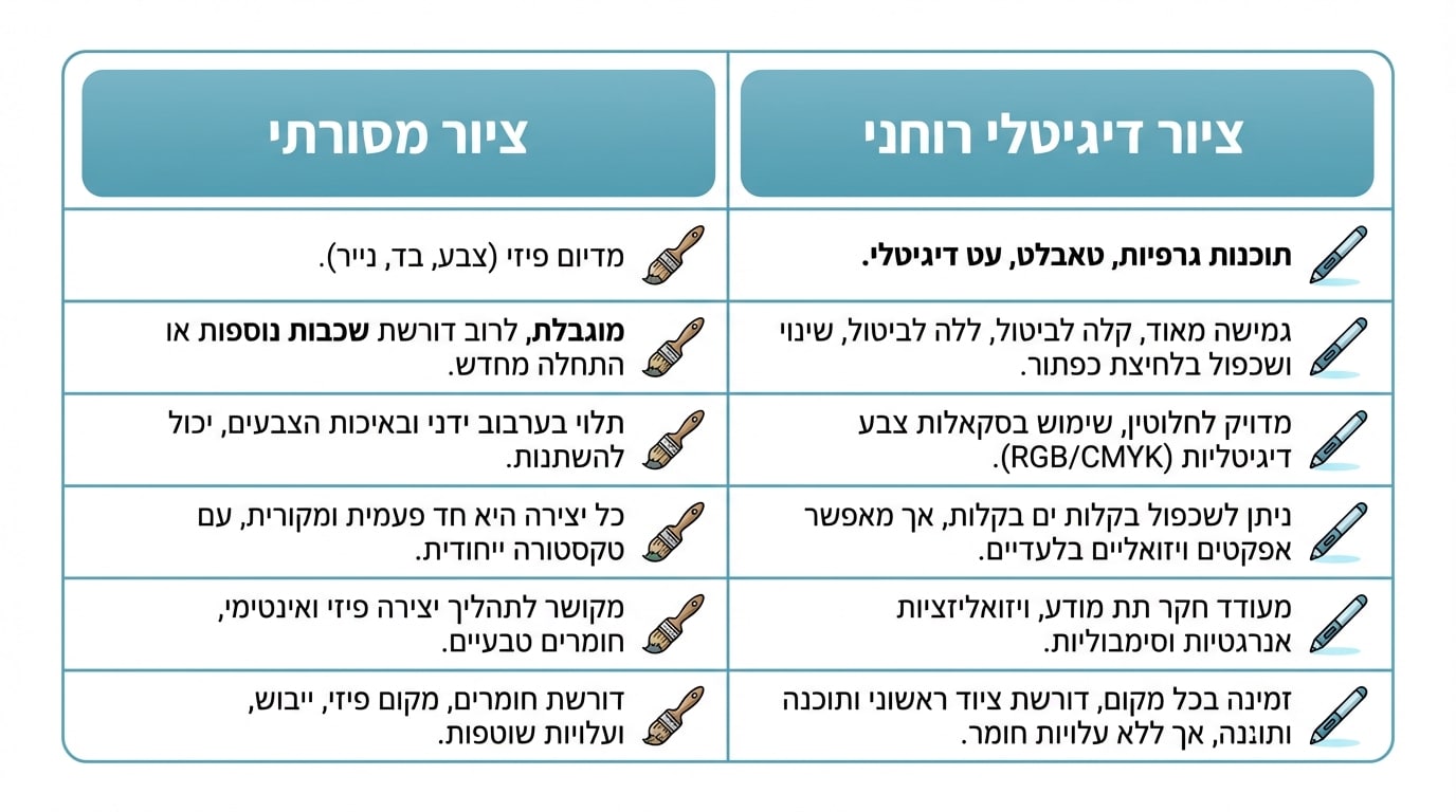 השוואה בין ציור מסורתי לציור דיגיטלי רוחני