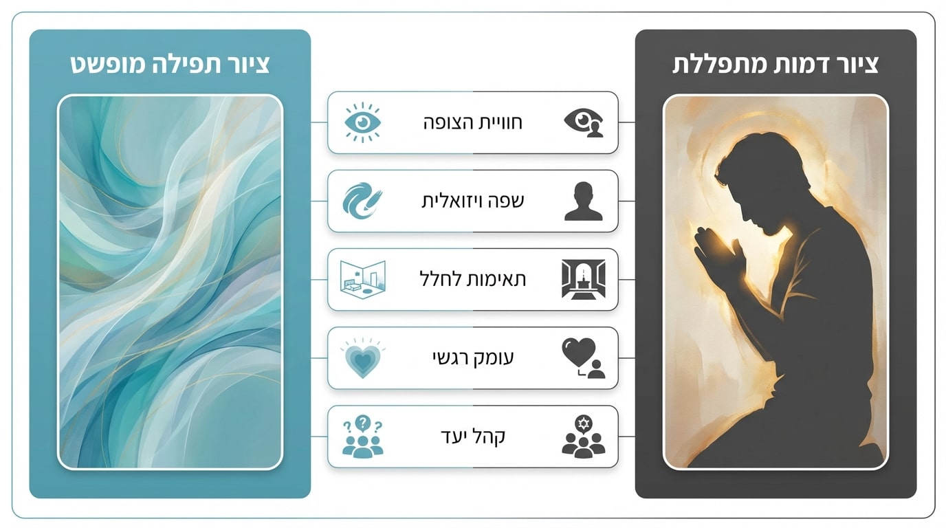 השוואת סגנונות ציור תפילה מופשט מול דמות מתפללת